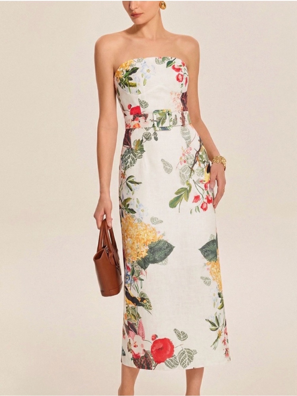 Commense Strapless White Floral Midi Dress with Belt